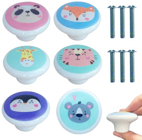 ZFKXGS 6 Stück Möbelknöpfe Kinder Tier Vintage Keramik Schrankknöpfe Runde Schubladenknöpfe Türknöpfe Türknauf Schubladenknauf Türgriffe Küche für Kommode Kinderzimmer Holz Schränke Wohnzimmer (A)