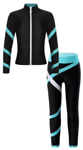 Jowowha Mädchen Trainingsanzug Sport Set Eiskunstlauf Anzug Langarm Sweatjacke + Hose Sport Leggings Yoga Gymnastik Turnen Eislaufen Tanzkleidung Blau Grün 134-140