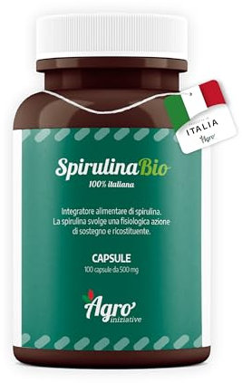 AGROINIZIATIVE SPIRULINA BIO 100 Cps Alga Spirulina Pura 100% 500 Mg Senza Glutine e Iodio Integratore Spirulina Concentrata Ricca di Ficocianina Ferro Omega 6 Spirulina Biologica PRODOTTA IN ITALIA