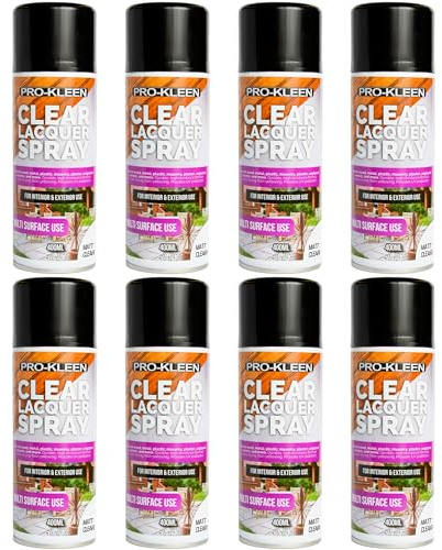 Pro-Kleen Clear Lacquer Spray - Protects and Seals - for Metal, Wood, Plastics & Ceramics - Fast Drying Formula for Interior and Exterior Surfaces - Clear, Durable & Flexible - (Matt, 8 x 400ml)
