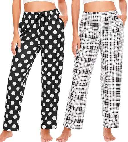 Ymmchy Damen Pyjamahose Lang Schlafanzughose Kariert Freizeithose Frauen Schlafhose Weiche Nachtwäsche Hose 2-Pack Dots/Schwarze Kariert S