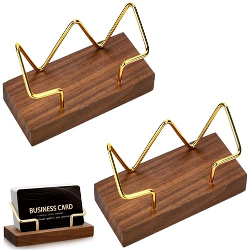 MEZOKUCEL Porta Biglietti da Scrivania, Porta Biglietti da Visita da Tavolo in Metallo Dorato Supporto per Biglietti da Visita in Noce Nera per la Casa L'Ufficio la Scuola (2 Legno)