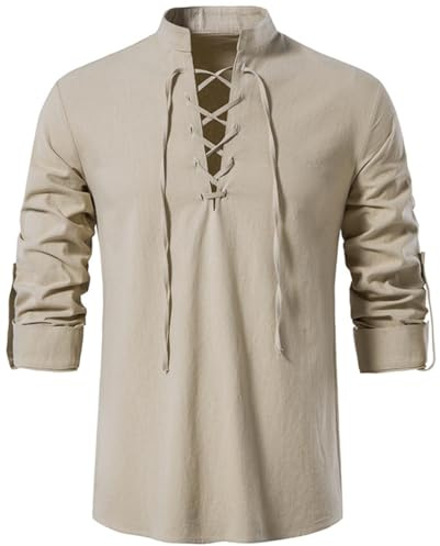PADOLA Chemise Homme Médiévale Chemise Lin à Lacets Steampunk Chemise Manches Longues Viking Costume Médiévale Déguisement Halloween Homme Unicolore Pirate Shirt Henley Shirt