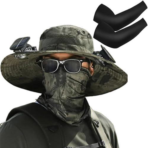 Outdoor Wide Brim Sun Hat with Solar Fan, 2024 New Solar Fan Hat, Hat with Solar Fan for Outdoor Fishing Summer Camping Beach (Fan*2, Camouflage Green)
