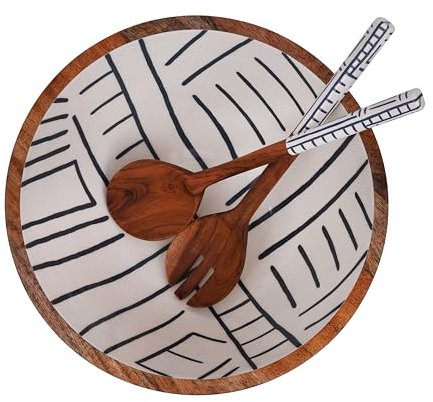 Tarli Large Wooden Salad Bowl Set with Fork and Spoon for Fruits or Salads - 12 Inch Bowl Made of Premium Mango Wood with Enamel Finish - Fruits, Chips, Nachos, and other Snacks (Midnight Grey)