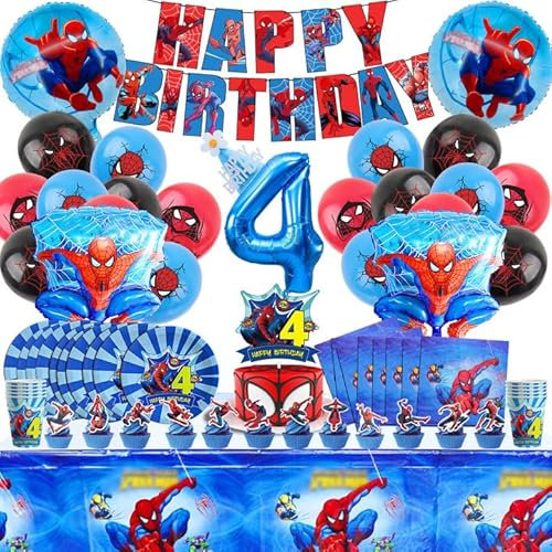 94 unidades de Spiderma Decoración Cumpleaños Niños 4 Años, Globos de Spiderma Nacimiento Día 4, Vajilla de Spiderma Nacimiento Día del Día de Spiderma Globo Set 4, Fiesta Decoración Spiderma 4