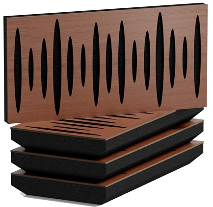 4er-Pack – Schmaler schallabsorbierender Akustik-Diffusionspanel | 25x50cm | Diffusion – Reflexion – Schalldämmung | Modell – Dicke – Farbe: [PULSAR-H - 33mm | Nussbaum]