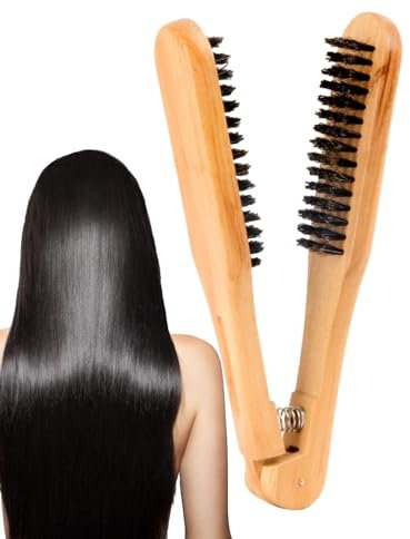 Hair Straightener Brush - Anti Static Hair Straightening Clamp Brush - Hair Comb, Wooden Hair Clamp Comb, V Shape Styling Boar Bristles Detangler Tool, Styling Comb