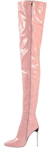 Stivali alti fino alla coscia da donna, taglie forti, stivali sopra il ginocchio in PU artificiale, scarpe da ballo da donna, stivali alti fino al ginocchio da donna con cerniera laterale,Rosa,42