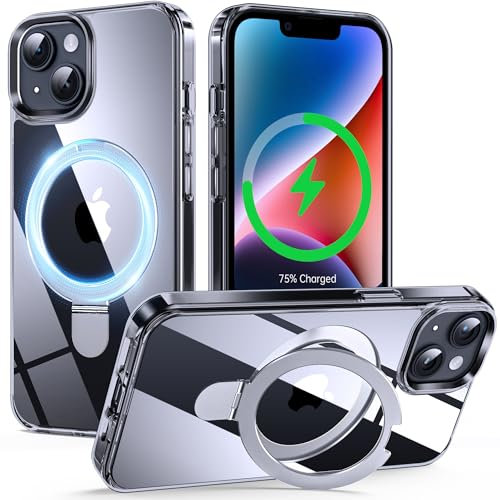 Supdeal Magnetic Stand Case for iPhone 13/14 with Invisible Ring Kickstand [Compatible with MagSafe] [Military Drop Protection] Shockproof Protective Clear Phone Case Cover, 6.1'', Transparent