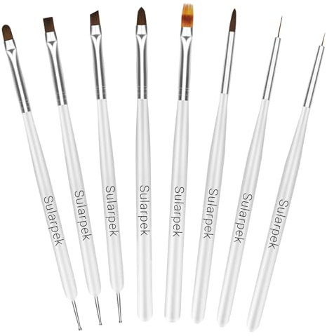 Sularpek 8 Pièces Pinceau Nail Art Ongles, Pinceaux en Détail à Ongles, Pinceau Ongle Gel Trousse, Pinceaux Nail Art pour DIY Nails Art Gel Dessiner des Détails