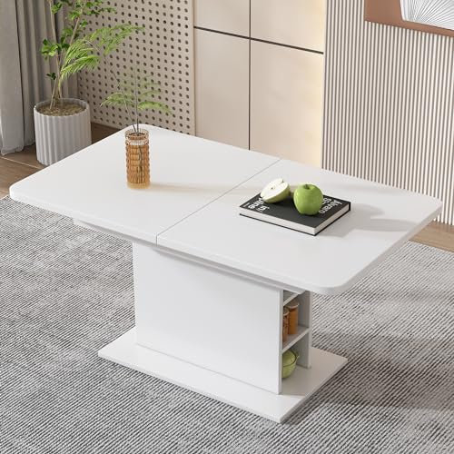 Merax Erweiterbarer Esstisch Mit Stauraum - Rechteckiger Kaffee-Freizeittisch Aus Eisen, Platzsparend Und Multifunktional, Weiss/L110/130*W70*H75cm