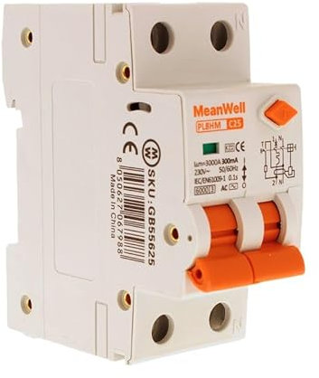 MeanWell Interruttore Magnetotermico Differenziale 300mA, RCBO 1P+N C25 25A, Tipo AC Curva C 6000A 220V, 2 Poli Occupa 2 Moduli Barra DIN
