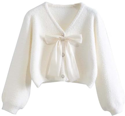 Women Jumper Loose Bow Fashion Cardigan Jacket Front Buttons Solid Color Knitted Long Sleeved Bottoming Shirt Comfy Casual Sweater Soft Warm Elastic Pullover Tops Casual Knitwear White
