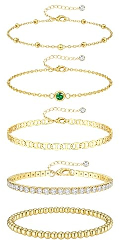 JeweBella 3-7 Stück Armband Damen Gold Edelstahl Ketten Armbänder Set 18K Vergoldet Armkette Damen Verstellbar Twist Schlange Figaro Tennis Charm Armband Set Wasserfester Gold Schmuck für Damen Frauen