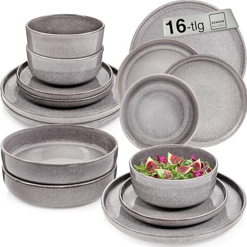 SÄNGER Kairo Mondgrau | Tafelservice 16 teilig, Steingut Geschirr Set 4 Personen, 4x Speiseteller 4x Dessertteller 4x Schalen 4x Pastaschalen Geschirrset & Schale Dunkelgrau, Teller VALUE COLLECTION