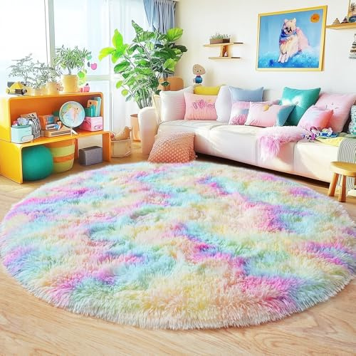 Quntue Runder Regenbogen-Teppich für Mädchenzimmer, ultraweich, flauschig, Kreisteppich für Kinderzimmer, niedlicher Zottelteppich für Wohnzimmer, Spielzimmer, Zelt, Schloss, Heimdekoration, Teppich