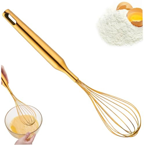 Egg Whisk 12 Inch Egg Beater Stainless Steel Dough Whisk with Handle & Hanging Hole 12 Wire Gold Whisk