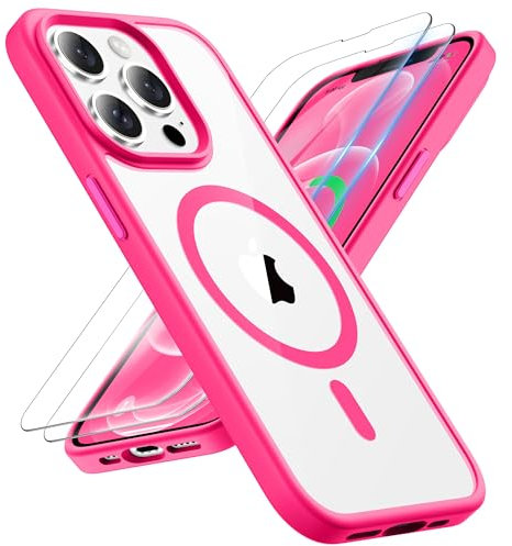 ORETECH Magnetic Clear for iPhone 12 Pro Max Case, [Compatible with Magsafe] [2 x Screen Protector] [Camera Protection] Ultra Slim Thin Shockproof iPhone 12 Pro Max Phone Case Cover 6.7 - Hot Pink