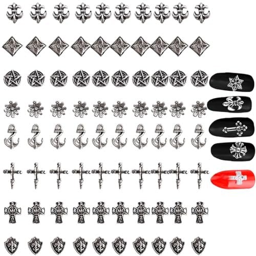80Pcs Leeneen Silver Metal Cross Nail Charms for Nails Design,Y2K 3D Chrome Nails Art,Vintage Alloy Cross Heart Skull Acrylic Charm for Women, Halloween Nail Supplies (M1)