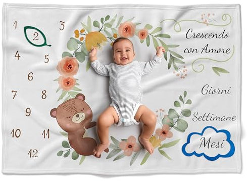 Fantalò Coperta Mesi Neonato per Foto in Italiano Unisex - Tappeto Complimese Neonata Crearicordi - Idea Regalo Nascita Bimbo Indispensabile per Neogenitori (Orsacchiotto)