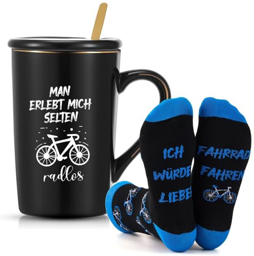Radfahrer Geschenke 340 ml Fahrrad Tasse Becher mit Deckel Löffel ICH WÜRDE LIEBER FAHRRAD FAHREN Socken Witzige Socken mit Fahrradmuster Grußkarten Lustiges Geschenk für Mountainbiker Weihnachten