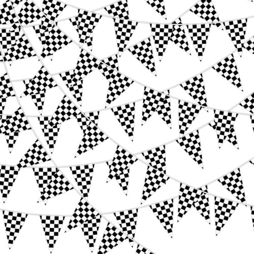 MARFOREVER 16 m langes, schwarz-weiß kariertes Flaggen-Banner, 38 Stück, Rennwagen-Wimpel, Banner, Flagge, Monster-Truck, Geburtstagsparty-Dekorationen für Innen- und Außendekorationen (30 x 20 cm)