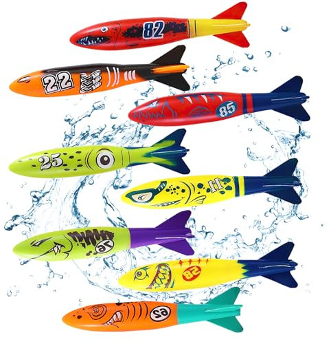 YUEXNKO Giocattoli da Immersione, 8pcs Immersioni Torpedo Giocattoli, Giocattoli da Piscina, Giochi Piscina Bambini, Giocattolo Acquatico, Anelli da Immersione, Immersioni Giocattolo (Colore B)