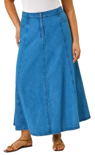 Roman Originals Cotton Denim Panelled Midi Skirt for Women UK - Ladies Everyday Autumn Winter Comfy Soft Evening Vacation Work Party Night Out - Indigo Plus - Size 20