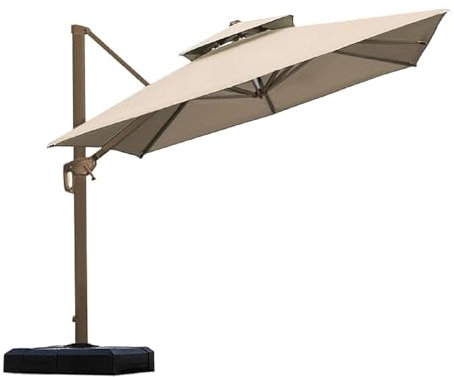 2.5 X 2.5M Square Garden Cantilever Parasol with Waterproof Cover, Large Cantilever Offset Patio Roman Umbrella with Tilt, 360° Rotation, Cross Base, Overhanging Sun Shade for Outdoor Balcony, Khaki