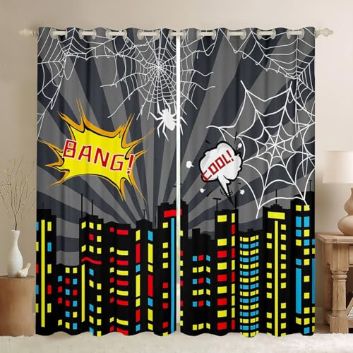 Manfei Cartoon Hero Theme Kids Blackout Curtains,City Building Curtains for Boys Teens Men,Spider Web Modern Fashion Living Room Bedroom Decor Window Treatment Drapes,Top 2 Panels,66Wx90L