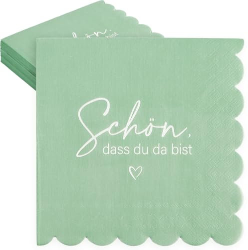 MEJOSER 40 Stück Servietten Schön dass Du Da Bist 33x33cm Servietten Hochzeit Geburtstag Grün Kommunion Konfirmation Taufe Jugendweihe Babyparty Deko Neutral Salbeigrün Tischdeko