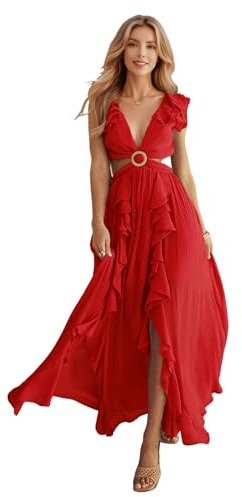 HEYPORK Damen Frühling Sommer Kleider Lässig Bequem Kleid Modern Elegant Röcke Frauen Slim Rückenfreies Kleid V-Ausschnitt Gerafften Schlitz Langen Rock(Rot, XL)