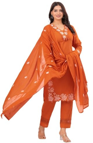 TAGAAI Women’s Cotton Embroidered Kurta Pant Dupatta Set | 3-Piece Indian Ethnic Suit for Women | Traditional Kurti Set for Wedding Guest, Festive, Party & Evening Wear - Large