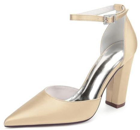 LRMYMHY Chaussures De Mariage en Satin À Bretelles De Cheville pour Femmes Talons À Talons Blocs Talons De Mariée À Bout Pointu,Champagne,37 EU
