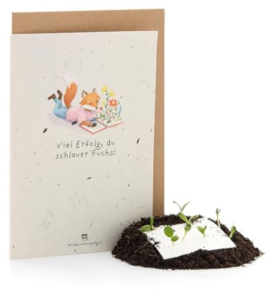Wachsende Grußkarte zum Schulanfang I Back to School Karte „Fuchs“ mit Saatpapier I Mit Wildblumen-Samen zum Einpflanzen I DIN A6, inkl. Umschlag I Geschenkidee für Kinder, Schule & Schulalltag