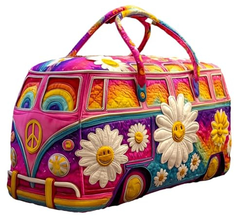 Hippie Van Quilted Duffle Bag – Boho Wochenendtasche - Bus Design Handliche Reisetasche Damen Weekender Sporttasche Handgepäck mit Stickerei für Urlaub & Party