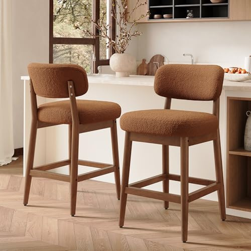 Hawthyhome Barhocker 2er Set mit Lehne, Bouclé Barhocker, Gepolsterter Barstuhl mit Massivholzgestell für Kücheninsel und Hausbar, Braun