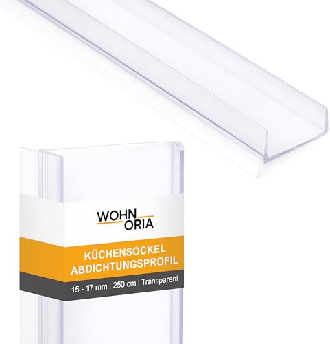 WOHNORIA Küchensockel Abdichtungsprofil 15-17 mm 250 cm | TRANSPARENT | Sockelprofil Sockelblendenprofil | Küchenleiste mit Gummilippe | flexibel & wasserdicht | für Küchensockel, Boden & unter Möbel