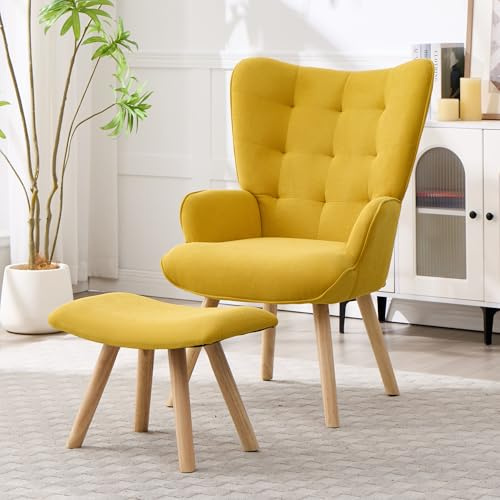 EBELLO Ohrensessel mit Hocker Sessel Wohnzimmer Loungesessel mit Cord-Stoff | Modern Relaxsessel, Skandinavischer Stil Armlehnensessel Lesesessel Polstersessel mit Hoher Rückenlehne für Wohnzimmer, Gelb