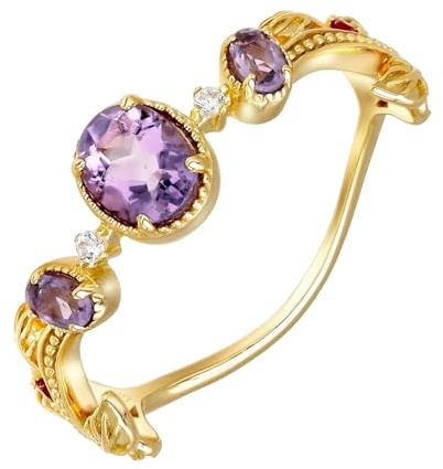 Stfery 9K/14K/18K Gelbgold Ring für Damen, Vintage Ranken Amethyst Hochzeitsring Echtgold Schmuck