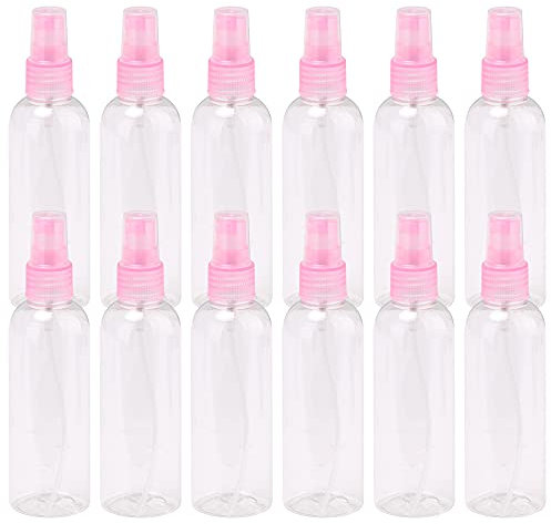 Doublelife Pack of 12 Fine Mist Mini Spray Bottles 100ml(3.4 oz) with Atomizer Pumps and Caps- for Essential Oils, Travel, Perfumes, More - Empty Tinted Pink Plastic Bottles - Refillable & Reusable
