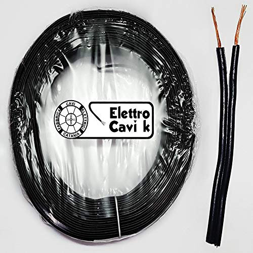 ELETTRO CAVI K - CAVO ELETTRICO PIATTINA BIPOLARE COSTA STRETTA NERA 2x0,50 mm² COLOR NERO LAMPADARI BAJOUR 2 POLI IN RAME PROFESSIONALE MADE IN ITALY 10 METRI