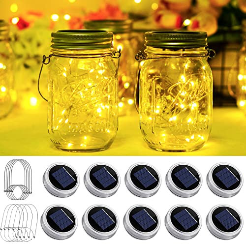 Solar Mason Jar Lights 10 Pack 20 LED Waterproof Outdoor Fairy Firefly String Light Lids with 10 Hangers Rust Resist for Patio Lawn Garden Wedding Lantern Decor No Jars (Warm White)