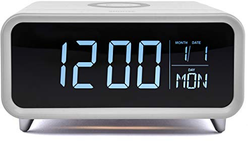 groov e Athena - Digital Alarm Clock with Wireless Charger, Night Light, LCD Display, & Dimmer Function - 12hr/24hr Time Modes - Mains Powered, Backup Battery System - White
