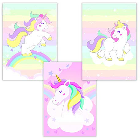 WIETRE® 3er Set Einhorn Bilder Kinderzimmer Babyzimmer Deko | Bild Mädchen Rosa Poster DIN A4 | Unicorn Einhörner Geschenk Tiere Tierposter Girls | Regenbogen Dekoration - ohne Rahmen