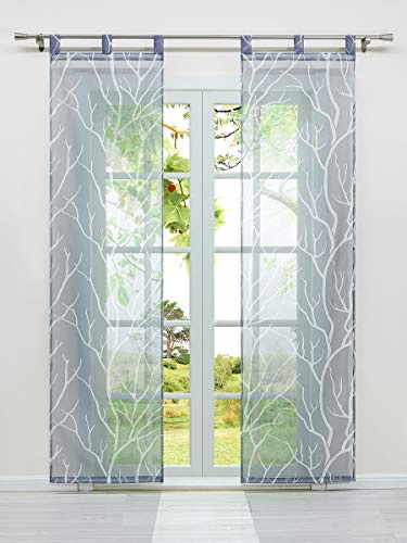 HeichkelL Transparente Schiebegardinen 2er Set Schlaufen Voile Flächenvorhang Druckmuster Schlaufen Schiebevorhang Zubehör Beschwerungsstange HöhexBreite 225x57 cm Grau