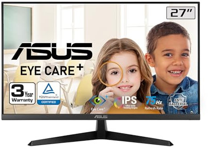 ASUS VY279HE 27” Eye Care Monitor, 1080P Full HD, 75Hz, IPS, 1ms, Adaptive-Sync/FreeSync, Eye Care Plus, Color Augmentation, Antibacterial Surface, HDMI VGA, Frameless, VESA Wall Mountable, Black
