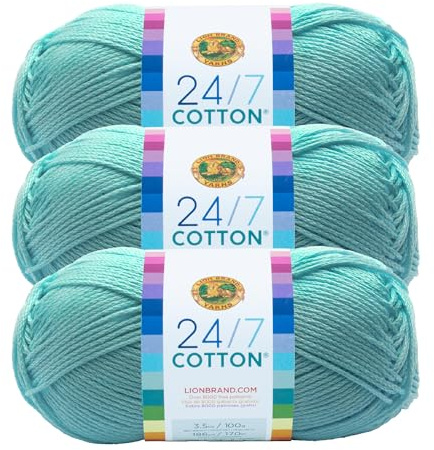 Lion Brand 24/7 Cotton Yarn, Yarn for Knitting, Crocheting, and Crafts, Aqua, 3 Pack, 761-102A