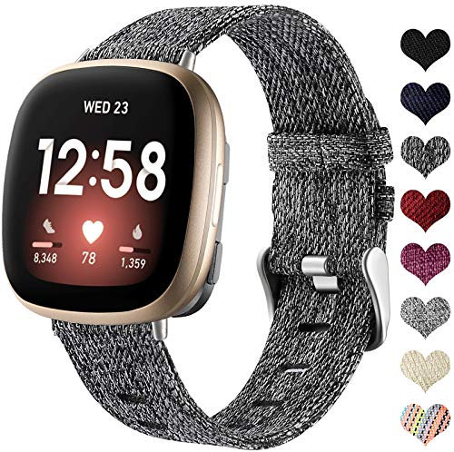 Ouwegaga Gewebtes Armband, kompatibel mit Fitbit Versa 3/Sense 1/2 – atmungsaktives Ersatzarmband aus Nylon für Fitbit Sense/Versa 3, groß, schwarz/grau
